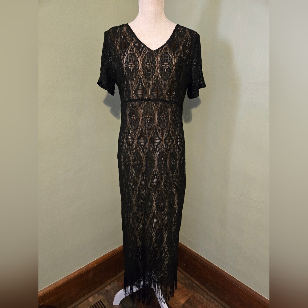 Vintage Opera Brand Crochet Black Nude Dress Woman Fringe Size Large Party C1